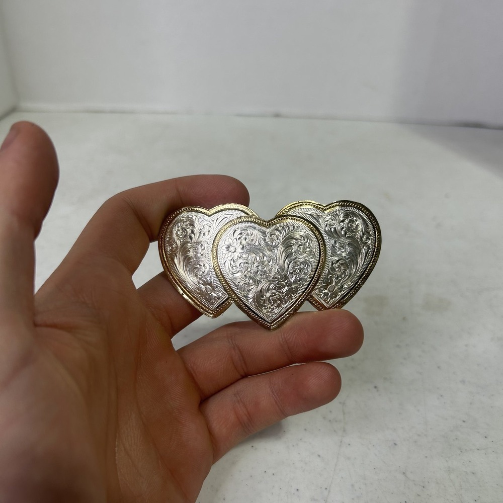 Montana Silversmiths Triple Heart Western Belt Buckle Silver Gold Tone Engraved